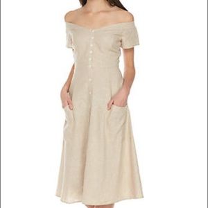WAYF long beige off shoulder dress with pockets